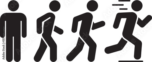 Man stands, walk and run icon set. People symbol. Person standing, walking and running illustration. Run, walk, stand. Vector illustration