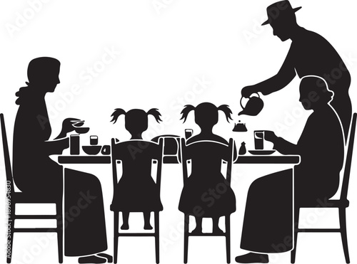 Muslim family iftar dinner breaking fast gathering table meal vector illustration silhouette art