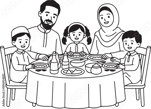 Muslim family vector illustration having iftar meal breaking fast during ramadan holiday celebration