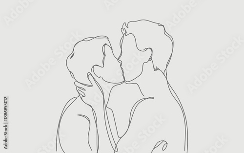 Gay couple kissing, romantic minimalist continuous line art