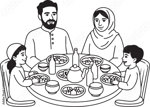 Muslim family vector illustration having iftar meal breaking fast during ramadan holiday celebration