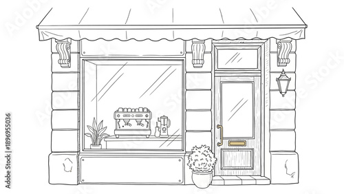 Hand-drawn cafe storefront with awning, window display, and door details.