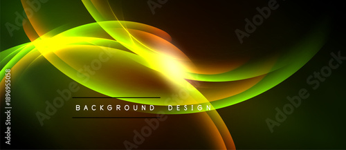 Abstract vibrant design features flowing lines, bright yellow center, dark background. Smooth curves create dynamic visual effect.