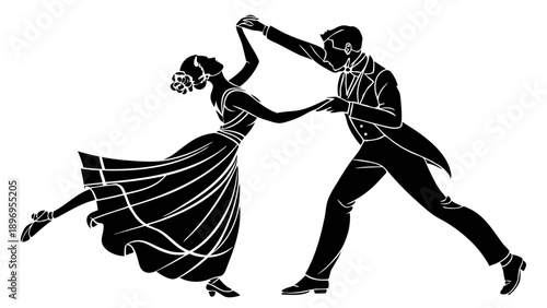 Elegant Couple Dancing Swing or Ballroom, Dynamic Retro Silhouette for Event Promotion, Vintage Romance, Celebration, or Nightclub Advertisement