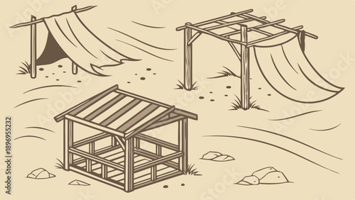Rustic Wooden Shelter Structures for Camping Survival or Outdoor Market Stall Design Project Illustration