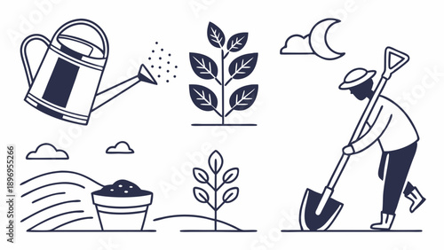 Gardening Icons Set Planting Seedling Watering Soil Farmer Digging Earth for Agriculture Web Design Seasonal Projects