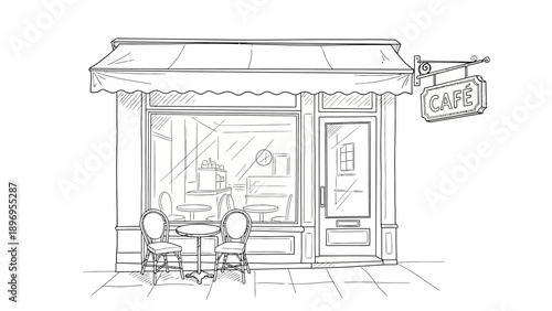 Hand-drawn Cafe Exterior with Awning, Sign, Tables, Chairs, and Door.