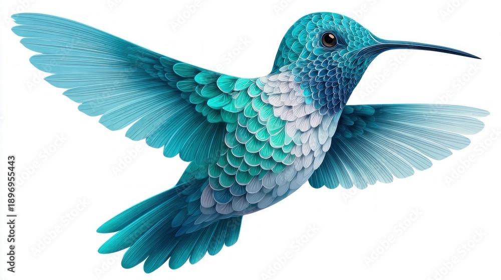 Obraz premium Exquisite turquoise hummingbird with iridescent feathers in flight against a white background