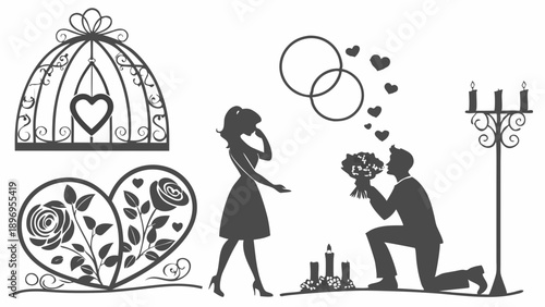 Romantic Proposal Silhouette Wedding Design Elements Man Kneeling with Flowers for Engagement Invitations Decor