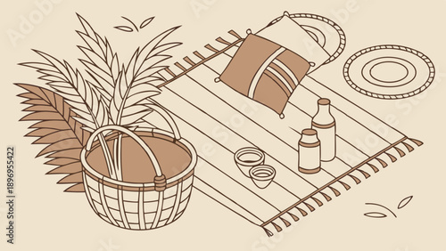 Rustic Picnic Setup with Woven Basket and Palm Leaves for Summer Outdoor Relaxation and Leisure Design