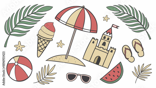 Summer Beach Vacation Icons Set for Travel Promotion Fun Holiday Design Elements for Kids and Family Advertising