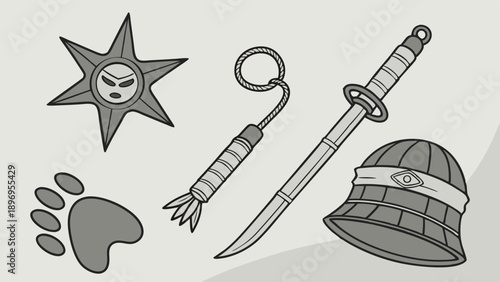 Ninja Warrior Weapons and Armor Set for Game Design Historical Illustration Action Adventure Theme