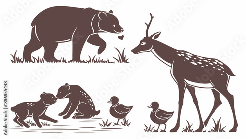 Charming Woodland Wildlife Scene Bear Deer Fawn Ducklings Illustration for Nature Education Children Books Eco Design