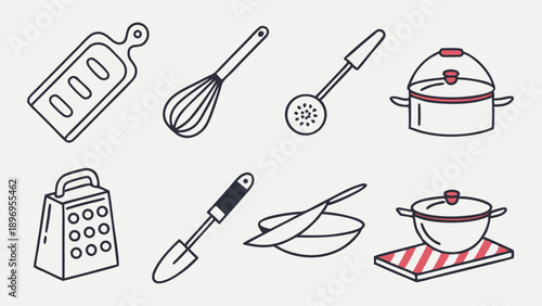 Minimalist Kitchen Utensils Set Cooking Tools Line Art Icons for Recipe Websites and Food Blog Design