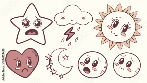 Sad Weather Celestial Body Icons for Emotional App Design Mood Tracking UI Elements