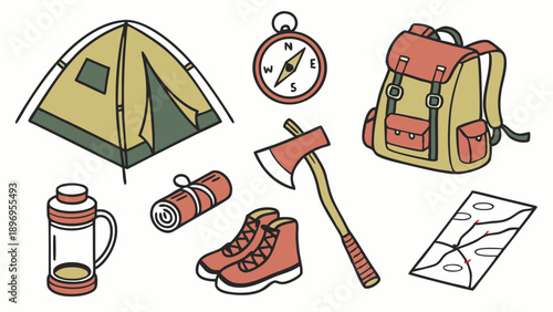 Camping Gear Illustration Adventure Travel Equipment for Outdoor Hiking Vacation Web Design and Print Projects