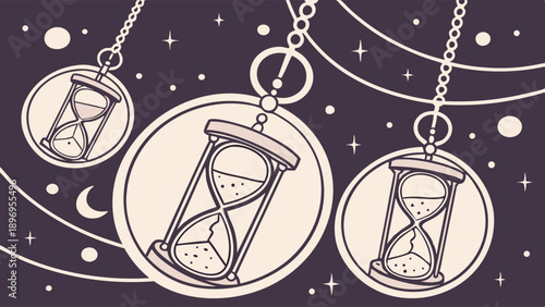 Mystical Hourglass Pendulums Swinging Through Cosmic Night Sky for Time Management and Deadline Planning Visuals