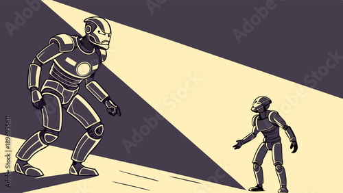 Giant Robot Confronts Small Android Under Dramatic Spotlight Representing Power Imbalance or Future Technology Comparison for Sci Fi Design