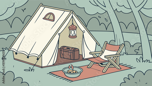 Cozy Summer Camping Scene with Canvas Tent Fire Pit and Adirondack Chair for Outdoor Adventure Travel Vacation Relaxation