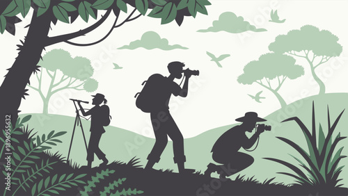 Silhouette of Wildlife Photographers Hiking with Camera Gear Capturing Birds in Lush Green Tropical Nature Landscape