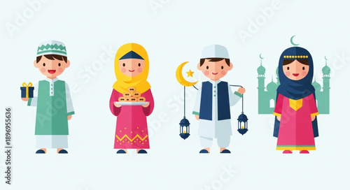 Children celebrating Ramadan with lanterns and mosque background.