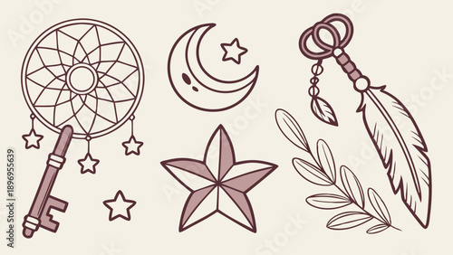 Mystical Boho Dreamcatcher Feather Moon Star Key Tattoo Clipart for Spiritual Branding Design Projects