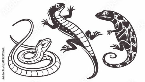 Monochrome Reptile Collection Snake Lizard Gecko Tattoo Design Graphic Icon Set for Nature Education or Wildlife Projects