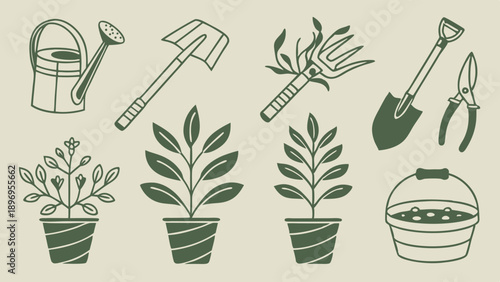 Gardening Tools and Potted Plants Set Rustic Icons for Spring Planting Projects Landscape Design Web Graphics