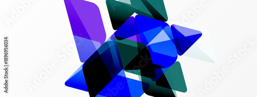 Abstract composition featuring overlapping translucent shapes. Blues, purples, greens create dynamic visual effect. Minimalist design, clean background.