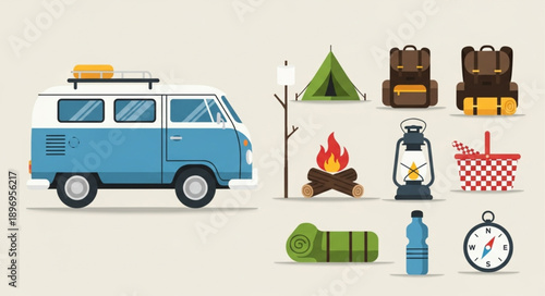 Camping gear and vintage van illustration.