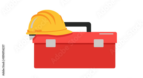 Yellow Hard Hat Resting on a Red Toolbox.