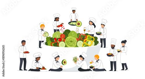Diverse Cartoon Chefs Preparing Fresh Healthy Salad Ingredients.