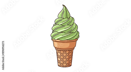 A Swirled Green Soft Serve Ice Cream Cone with a Waffle Cone.