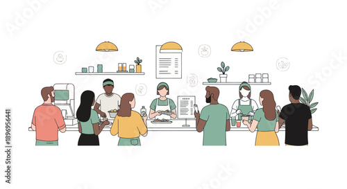 People ordering food at a restaurant counter with staff serving behind the counter.