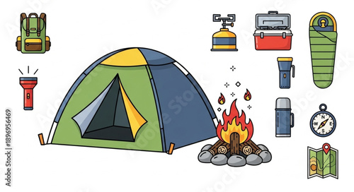 Camping gear illustration with tent and campfire.