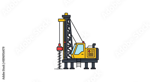 Cartoon Illustration of Yellow and Black Drilling Rig with Auger Bit.