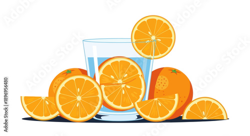 Freshly Sliced Oranges and Glass of Water Illustration.