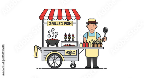 Illustration of a street food vendor selling grilled fish from a cart.