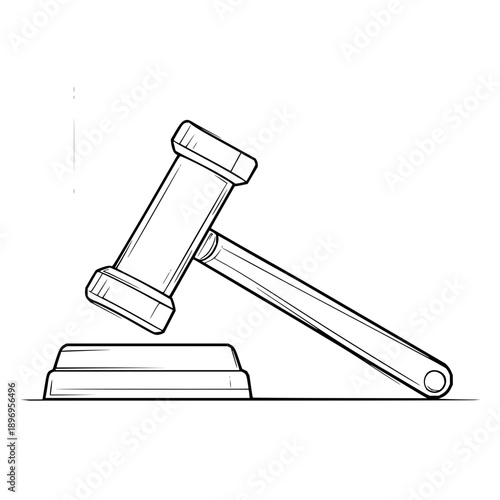 Gavel Resting on Sound Block, Line Drawing, Isolated on White