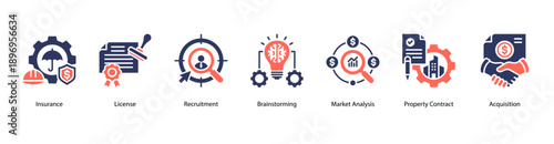 Corporate Management web banner icon vector illustration featuring Insurance, License, Recruitment, Brainstorming, Market Analysis, Property Contract, and Acquisition.
