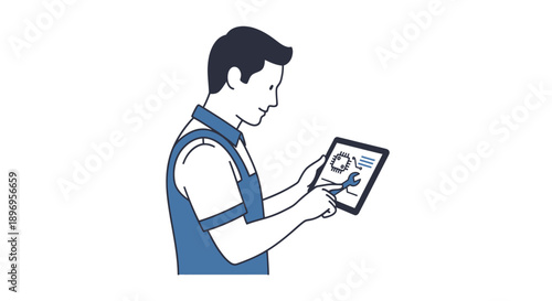 Man in Blue Vest Interacting with Digital Tablet Displaying Charts.