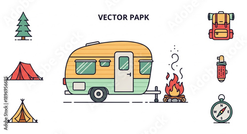 Camping illustration with trailer and campfire vector art.