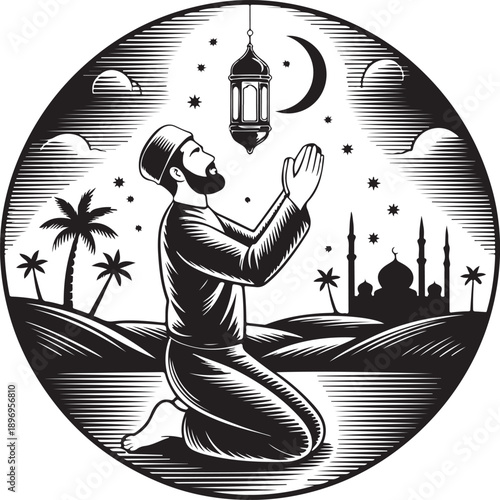 Ramadan illustration depicting a muslim man praying with a mosque and crescent moon in a circular composition