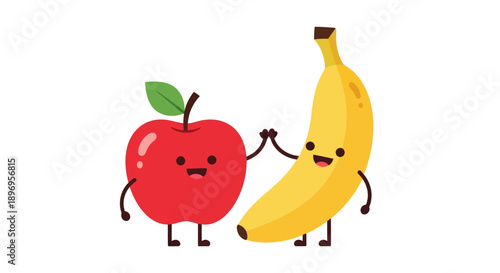 Cartoon Apple and Banana Characters High-Fiving Each Other.