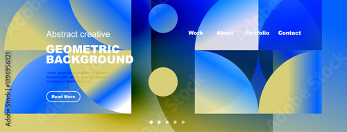Abstract geometric website header. Vibrant colors, overlapping shapes, navigation menu present. Modern design aesthetic.