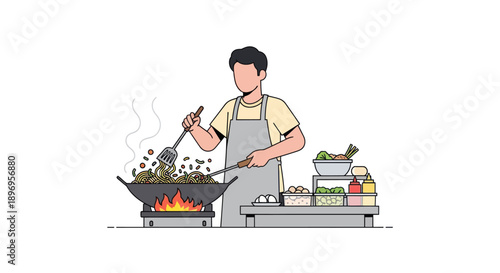 Skilled Male Chef Stir-Frying Delicious Food in a Hot Wok Over a Flame.
