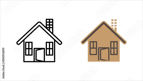 Outline icon set. of a house with windows and open door, representing residential property, housing, real estate, and home living concepts.