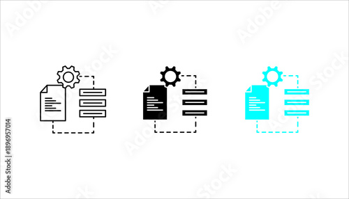 Outline icon set. of documents connected with a gear symbol, representing workflow automation, document processing, business operations, and system management.