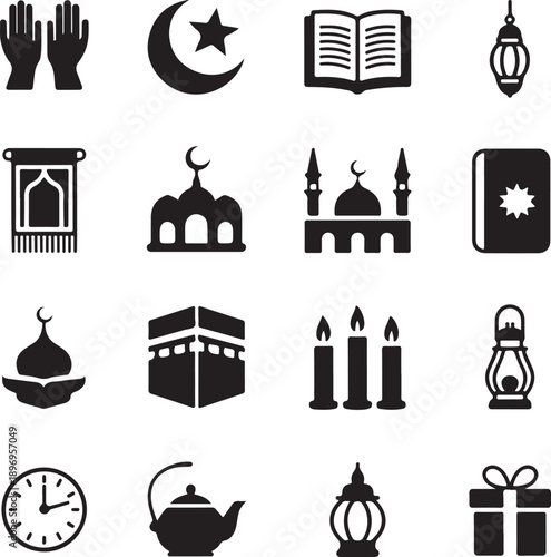 Ramadan islamic icon set, crescent moon quran mosque lantern kaaba prayer mat iftar eid black silhouette vector design illustration symbols