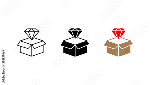 Line icon set. showing an open box with a diamond symbolizing value delivery, premium product, and innovation. Ideal for business solutions, startup concepts, branding, and product launch visuals.